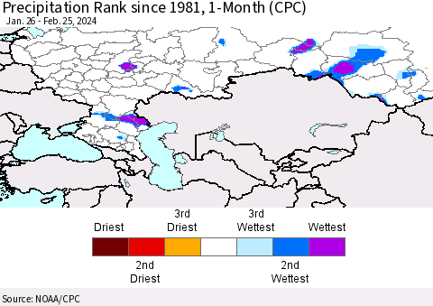 Russian Federation Precipitation Rank since 1981, 1-Month (CPC) Thematic Map For 1/26/2024 - 2/25/2024