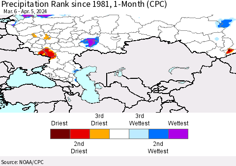 Russian Federation Precipitation Rank since 1981, 1-Month (CPC) Thematic Map For 3/6/2024 - 4/5/2024