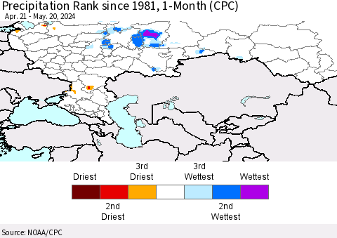 Russian Federation Precipitation Rank since 1981, 1-Month (CPC) Thematic Map For 4/21/2024 - 5/20/2024