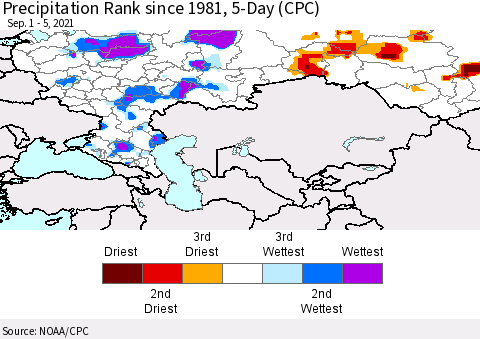 Russian Federation Precipitation Rank since 1981, 5-Day (CPC) Thematic Map For 9/1/2021 - 9/5/2021