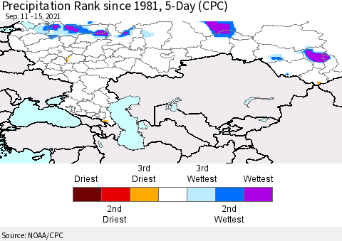 Russian Federation Precipitation Rank since 1981, 5-Day (CPC) Thematic Map For 9/11/2021 - 9/15/2021