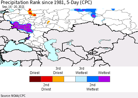 Russian Federation Precipitation Rank since 1981, 5-Day (CPC) Thematic Map For 9/16/2021 - 9/20/2021