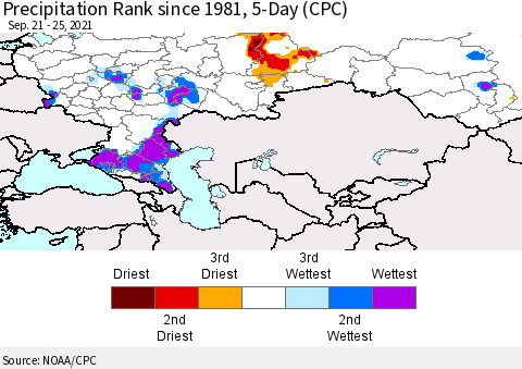 Russian Federation Precipitation Rank since 1981, 5-Day (CPC) Thematic Map For 9/21/2021 - 9/25/2021
