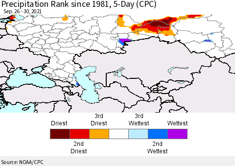 Russian Federation Precipitation Rank since 1981, 5-Day (CPC) Thematic Map For 9/26/2021 - 9/30/2021