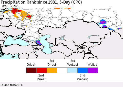 Russian Federation Precipitation Rank since 1981, 5-Day (CPC) Thematic Map For 10/1/2021 - 10/5/2021