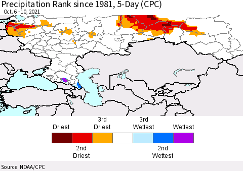 Russian Federation Precipitation Rank since 1981, 5-Day (CPC) Thematic Map For 10/6/2021 - 10/10/2021