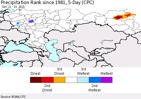 Russian Federation Precipitation Rank since 1981, 5-Day (CPC) Thematic Map For 10/11/2021 - 10/15/2021