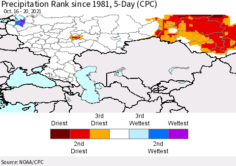 Russian Federation Precipitation Rank since 1981, 5-Day (CPC) Thematic Map For 10/16/2021 - 10/20/2021