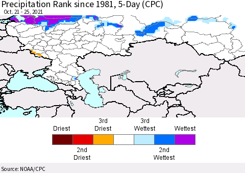 Russian Federation Precipitation Rank since 1981, 5-Day (CPC) Thematic Map For 10/21/2021 - 10/25/2021