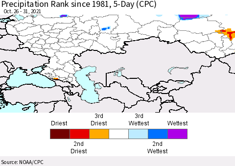 Russian Federation Precipitation Rank since 1981, 5-Day (CPC) Thematic Map For 10/26/2021 - 10/31/2021