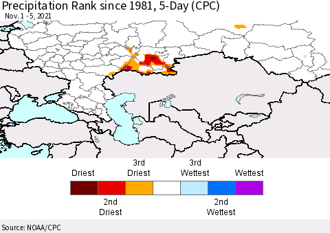 Russian Federation Precipitation Rank since 1981, 5-Day (CPC) Thematic Map For 11/1/2021 - 11/5/2021
