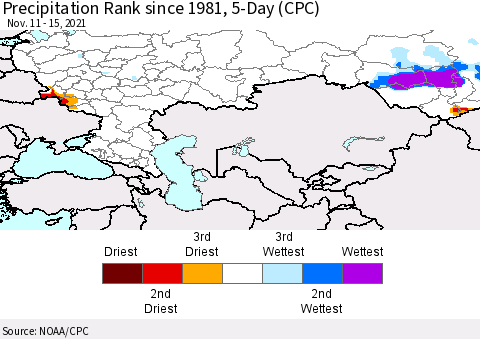Russian Federation Precipitation Rank since 1981, 5-Day (CPC) Thematic Map For 11/11/2021 - 11/15/2021