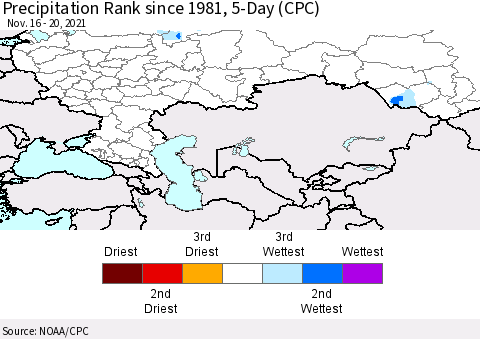 Russian Federation Precipitation Rank since 1981, 5-Day (CPC) Thematic Map For 11/16/2021 - 11/20/2021