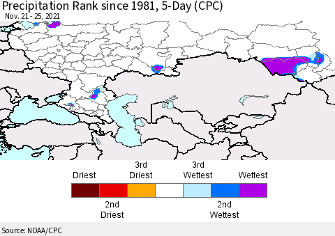 Russian Federation Precipitation Rank since 1981, 5-Day (CPC) Thematic Map For 11/21/2021 - 11/25/2021