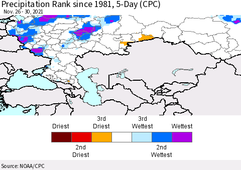 Russian Federation Precipitation Rank since 1981, 5-Day (CPC) Thematic Map For 11/26/2021 - 11/30/2021