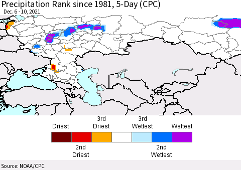 Russian Federation Precipitation Rank since 1981, 5-Day (CPC) Thematic Map For 12/6/2021 - 12/10/2021