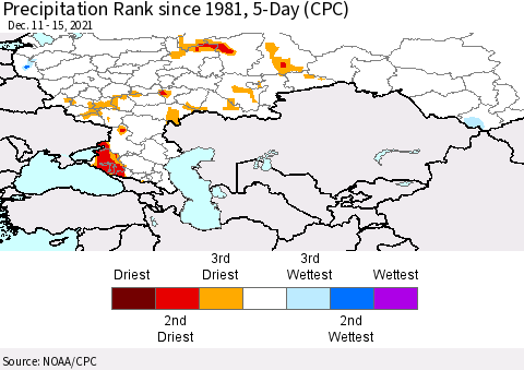 Russian Federation Precipitation Rank since 1981, 5-Day (CPC) Thematic Map For 12/11/2021 - 12/15/2021
