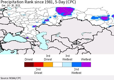 Russian Federation Precipitation Rank since 1981, 5-Day (CPC) Thematic Map For 12/16/2021 - 12/20/2021