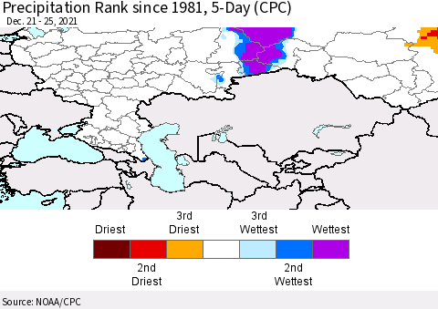 Russian Federation Precipitation Rank since 1981, 5-Day (CPC) Thematic Map For 12/21/2021 - 12/25/2021