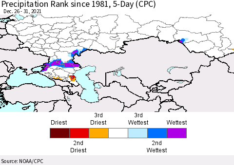Russian Federation Precipitation Rank since 1981, 5-Day (CPC) Thematic Map For 12/26/2021 - 12/31/2021