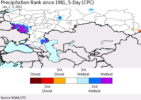 Russian Federation Precipitation Rank since 1981, 5-Day (CPC) Thematic Map For 1/1/2022 - 1/5/2022