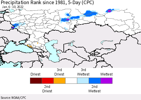 Russian Federation Precipitation Rank since 1981, 5-Day (CPC) Thematic Map For 1/6/2022 - 1/10/2022
