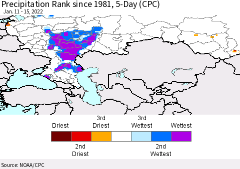 Russian Federation Precipitation Rank since 1981, 5-Day (CPC) Thematic Map For 1/11/2022 - 1/15/2022