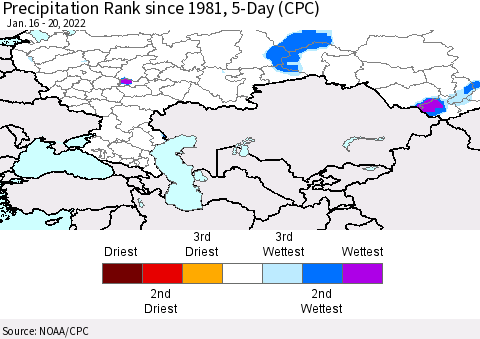 Russian Federation Precipitation Rank since 1981, 5-Day (CPC) Thematic Map For 1/16/2022 - 1/20/2022