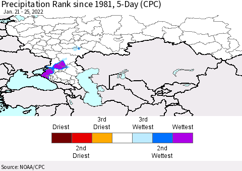 Russian Federation Precipitation Rank since 1981, 5-Day (CPC) Thematic Map For 1/21/2022 - 1/25/2022