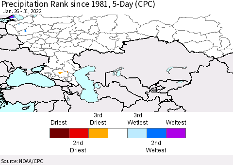 Russian Federation Precipitation Rank since 1981, 5-Day (CPC) Thematic Map For 1/26/2022 - 1/31/2022