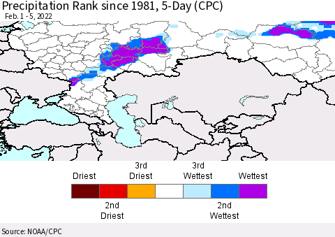 Russian Federation Precipitation Rank since 1981, 5-Day (CPC) Thematic Map For 2/1/2022 - 2/5/2022