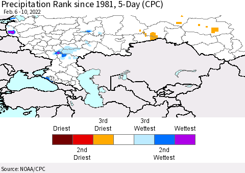 Russian Federation Precipitation Rank since 1981, 5-Day (CPC) Thematic Map For 2/6/2022 - 2/10/2022