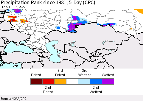 Russian Federation Precipitation Rank since 1981, 5-Day (CPC) Thematic Map For 2/11/2022 - 2/15/2022