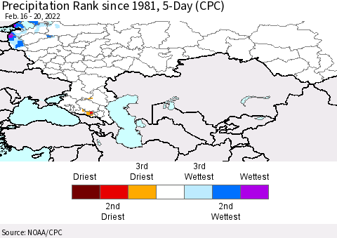 Russian Federation Precipitation Rank since 1981, 5-Day (CPC) Thematic Map For 2/16/2022 - 2/20/2022
