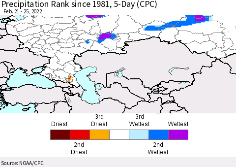 Russian Federation Precipitation Rank since 1981, 5-Day (CPC) Thematic Map For 2/21/2022 - 2/25/2022