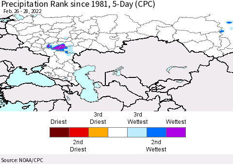 Russian Federation Precipitation Rank since 1981, 5-Day (CPC) Thematic Map For 2/26/2022 - 2/28/2022
