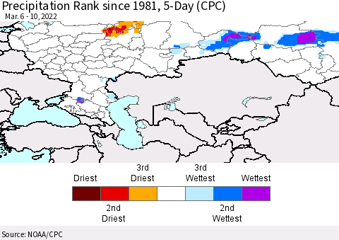 Russian Federation Precipitation Rank since 1981, 5-Day (CPC) Thematic Map For 3/6/2022 - 3/10/2022