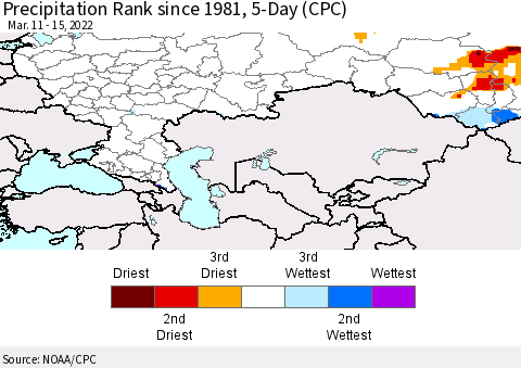 Russian Federation Precipitation Rank since 1981, 5-Day (CPC) Thematic Map For 3/11/2022 - 3/15/2022