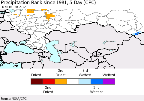 Russian Federation Precipitation Rank since 1981, 5-Day (CPC) Thematic Map For 3/16/2022 - 3/20/2022