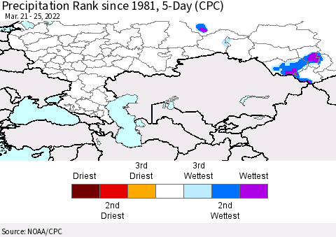 Russian Federation Precipitation Rank since 1981, 5-Day (CPC) Thematic Map For 3/21/2022 - 3/25/2022