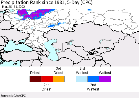 Russian Federation Precipitation Rank since 1981, 5-Day (CPC) Thematic Map For 3/26/2022 - 3/31/2022