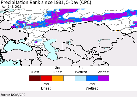 Russian Federation Precipitation Rank since 1981, 5-Day (CPC) Thematic Map For 4/1/2022 - 4/5/2022
