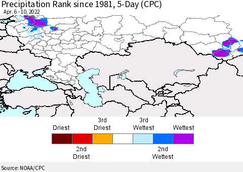 Russian Federation Precipitation Rank since 1981, 5-Day (CPC) Thematic Map For 4/6/2022 - 4/10/2022