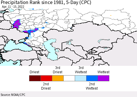 Russian Federation Precipitation Rank since 1981, 5-Day (CPC) Thematic Map For 4/11/2022 - 4/15/2022