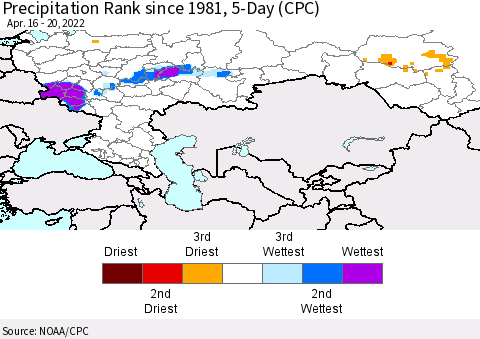 Russian Federation Precipitation Rank since 1981, 5-Day (CPC) Thematic Map For 4/16/2022 - 4/20/2022