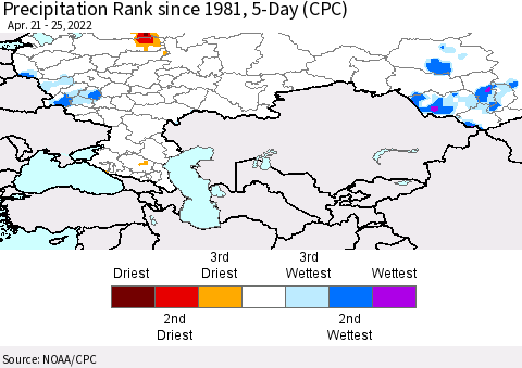 Russian Federation Precipitation Rank since 1981, 5-Day (CPC) Thematic Map For 4/21/2022 - 4/25/2022