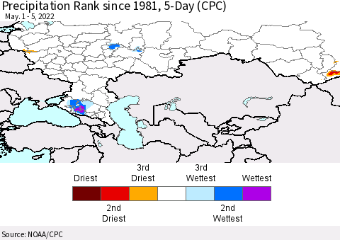 Russian Federation Precipitation Rank since 1981, 5-Day (CPC) Thematic Map For 5/1/2022 - 5/5/2022
