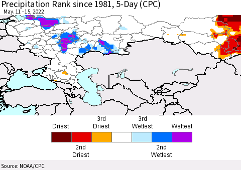 Russian Federation Precipitation Rank since 1981, 5-Day (CPC) Thematic Map For 5/11/2022 - 5/15/2022