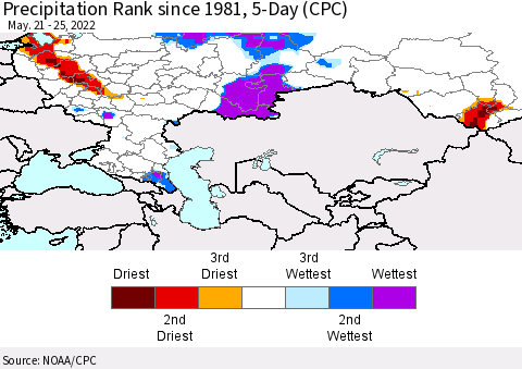 Russian Federation Precipitation Rank since 1981, 5-Day (CPC) Thematic Map For 5/21/2022 - 5/25/2022