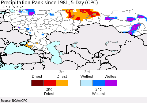 Russian Federation Precipitation Rank since 1981, 5-Day (CPC) Thematic Map For 6/1/2022 - 6/5/2022